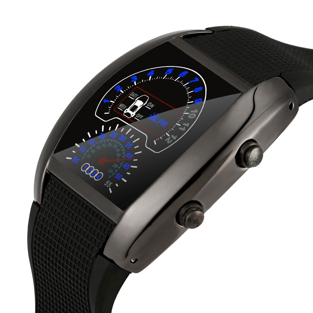 ! Reloj LED para hombre, a la reloj Digital, luz Flash Turbo, velocímetro deportivo para coche, medidor de Dial, reloj para correr: Black