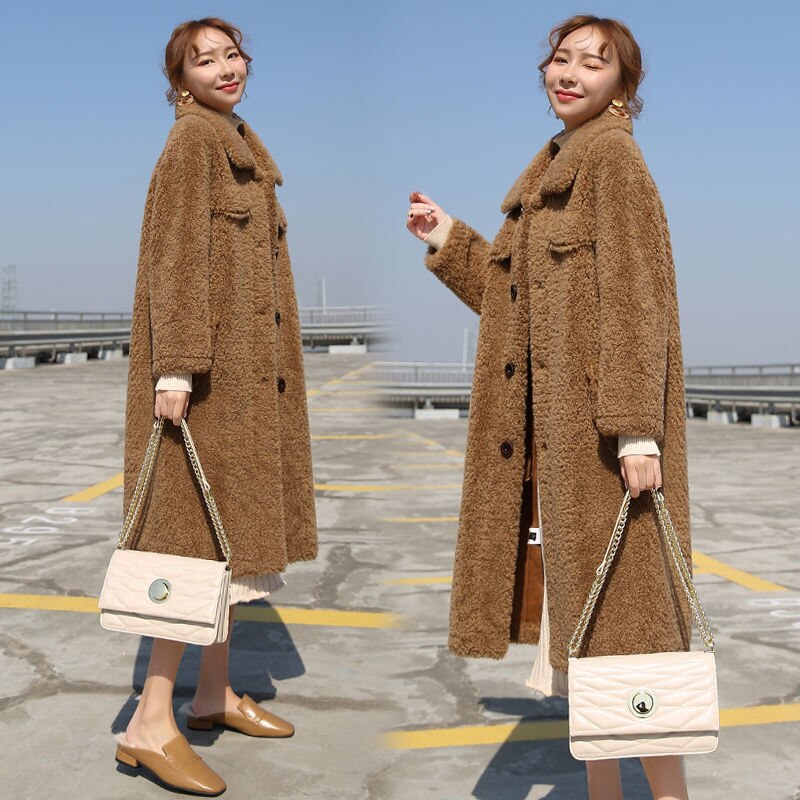 Vangull imitatiebont lange jassen winter casual dames warme lamswol katoenen effen jas plus fluweel dikke bovenkleding
