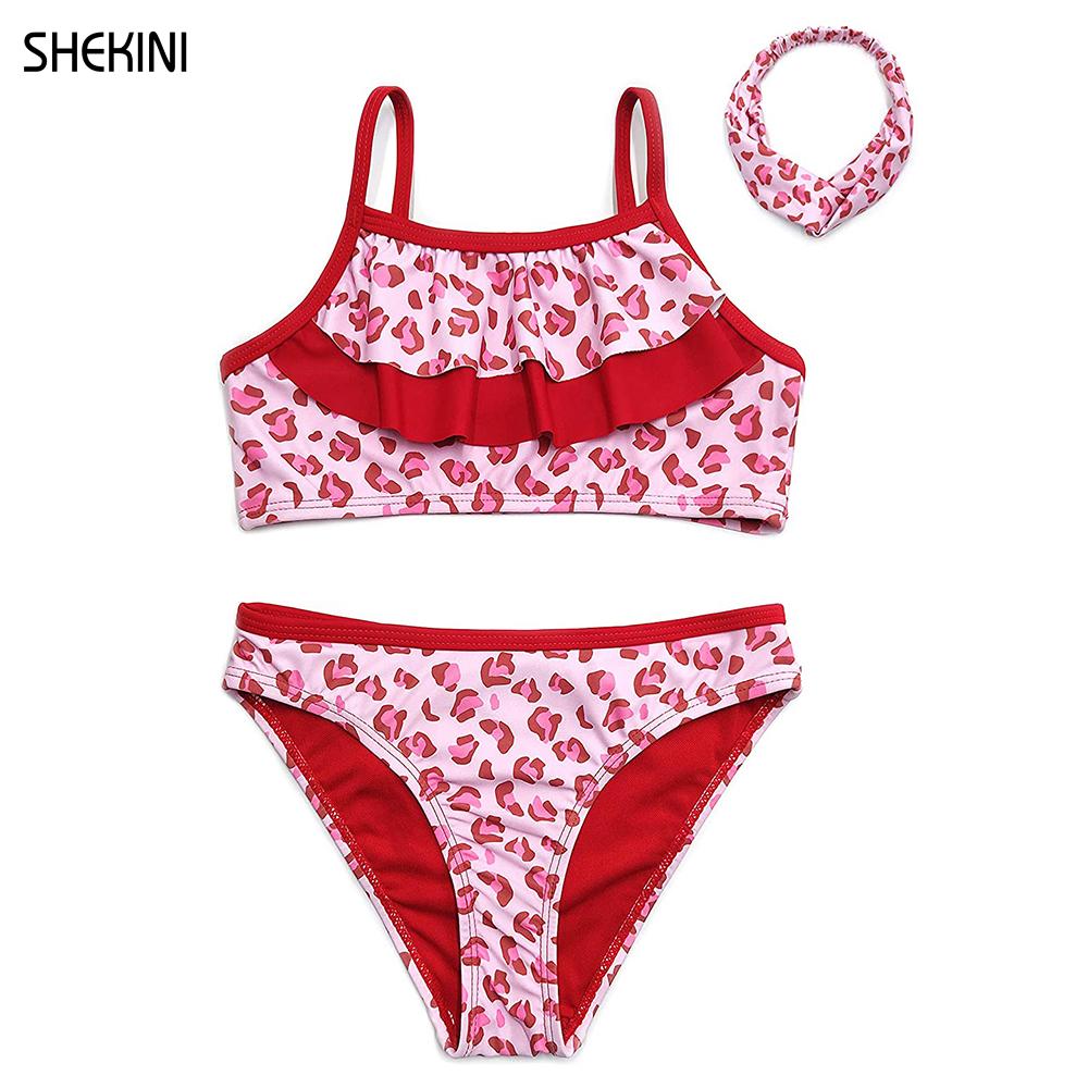 SHEKINI-bañadores de dos piezas para niñas, traje de baño con volantes para adolescentes, conjunto de Bikini con estampado de leopardo para playa