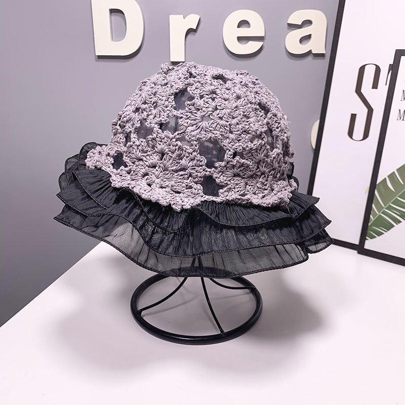 Women Lace Knitted Fisherman Hat Hollow Bucket Hat Crochet Hat Lace Flower Cute Sweet Romantic Sun Hat: grey