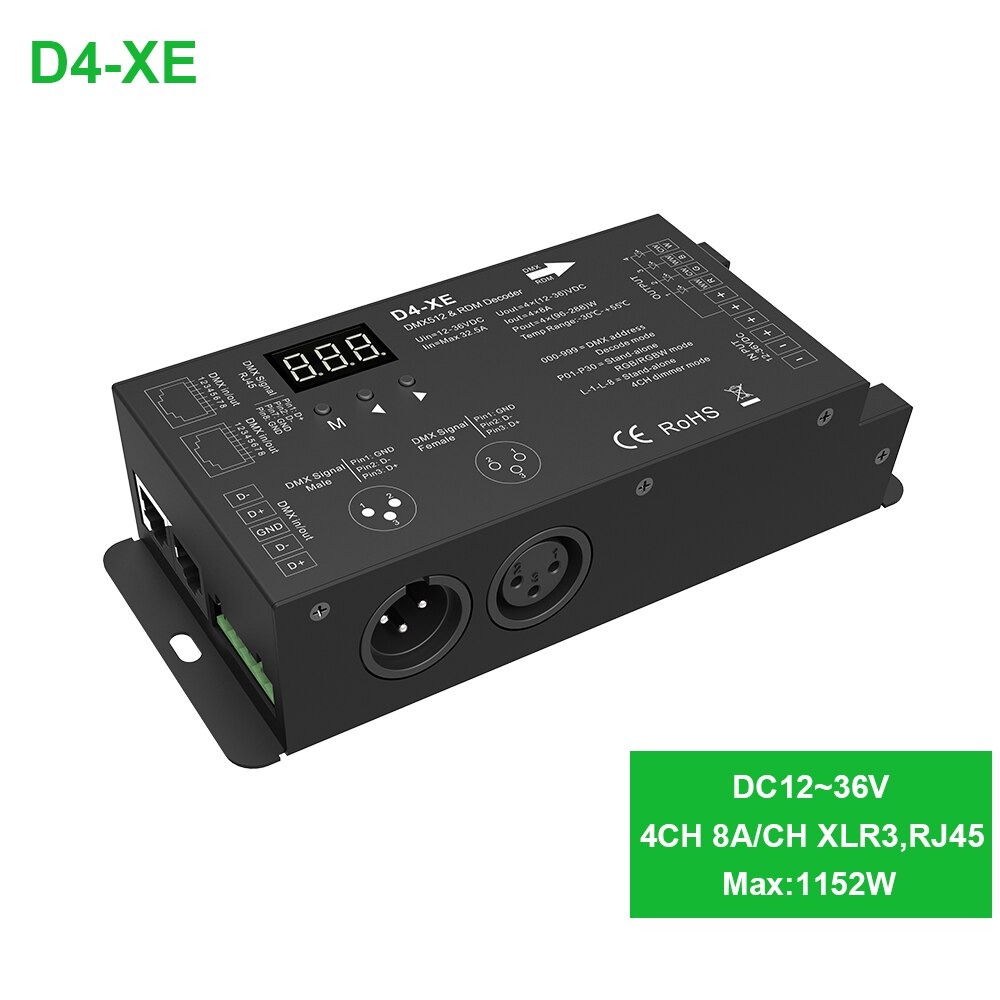4 Ch DMX512 Decoder Led Controller DC12 24 36 V PWM Dimmer Driver with XLR3 RJ45 for rgb rgbw lamp strip and LED module light: D4(DC12-36V 8A)