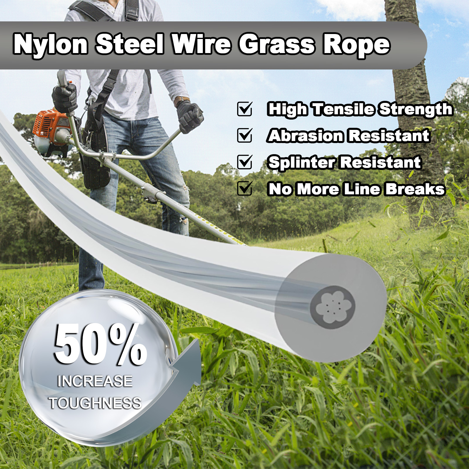 2PCS 2.4/2.7/3.0mm*15m Round Trimmer Steel Nylon Wire Rope Cord Line Brush Cutter Long Grass Replacement Lawn Mower Accessories