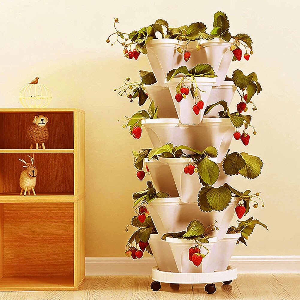 5PCS Stackable Flower Pot Garden Accessories Plant Pot Planters Plastic Tower With Tray Garden Pot Strawberry Vegetable Planter: Beige
