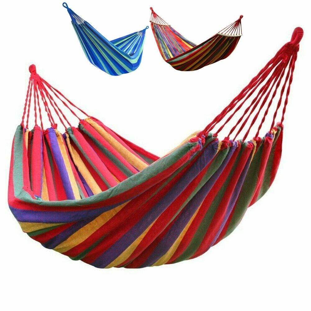 Hamaca para 2 personas al aire libre, hamaca portátil para jardín, lona a rayas, cama colgante, cama para acampar, columpio colgante, equipo para dormir al aire libre