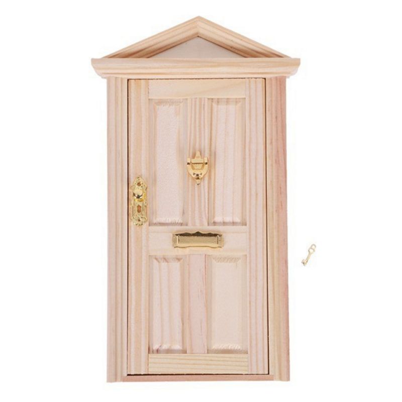 1:12 Scale Dollhouse Miniature Wood Fairy Door Knocker Doorplate Lock Key Decor: Wood Color