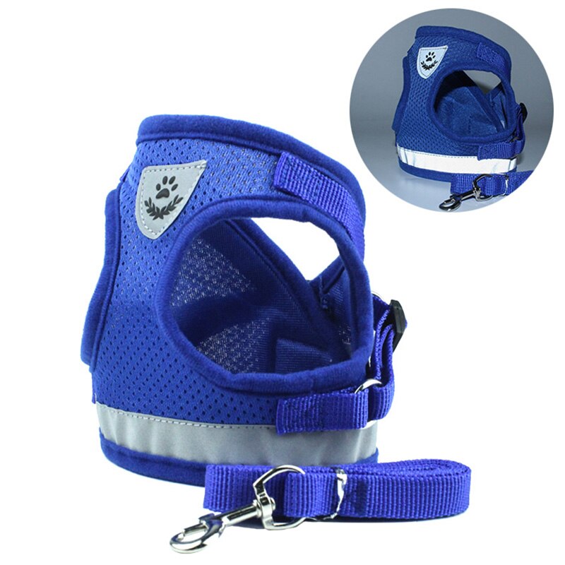 Nylon Mesh Puppy Pet Cat Harness & Leash Set Reflecterende Hond Harnas Vest Voor Kleine Honden Pug Franse Bulldog chihuahua Product: BLUE / XS