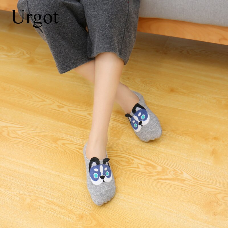 Urgot 5 Pairs Womens Socks Invisible Cute Three-dimensional Cartoon Dog Short Socks Silicone Anti-skid Female Cotton Socks Meias