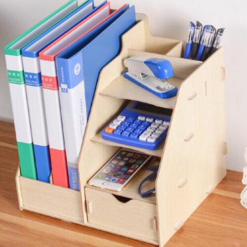 XRHYY Desktop Wooden Storage Box Office Supplies Finishing Storage Box Office File Rack Multi-Layer File Shelf A4 Data Bookshelf: Beige-1