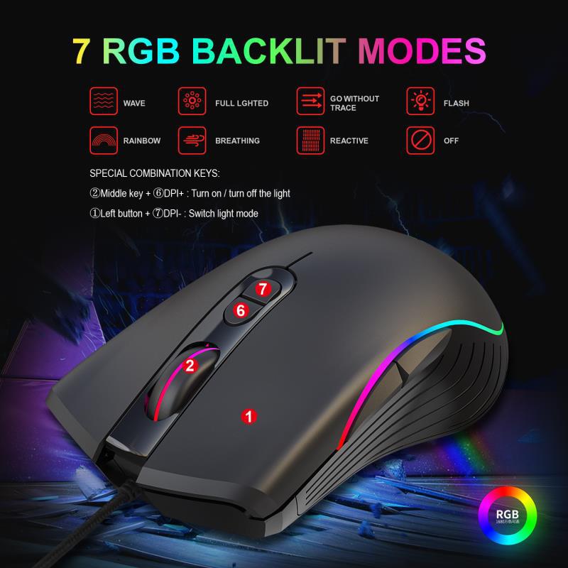 Ratón ergonómico con cable RGB para juegos, Mouse óptico USB para ordenador portátil, ajustable, 7 botones, 6400 DPI