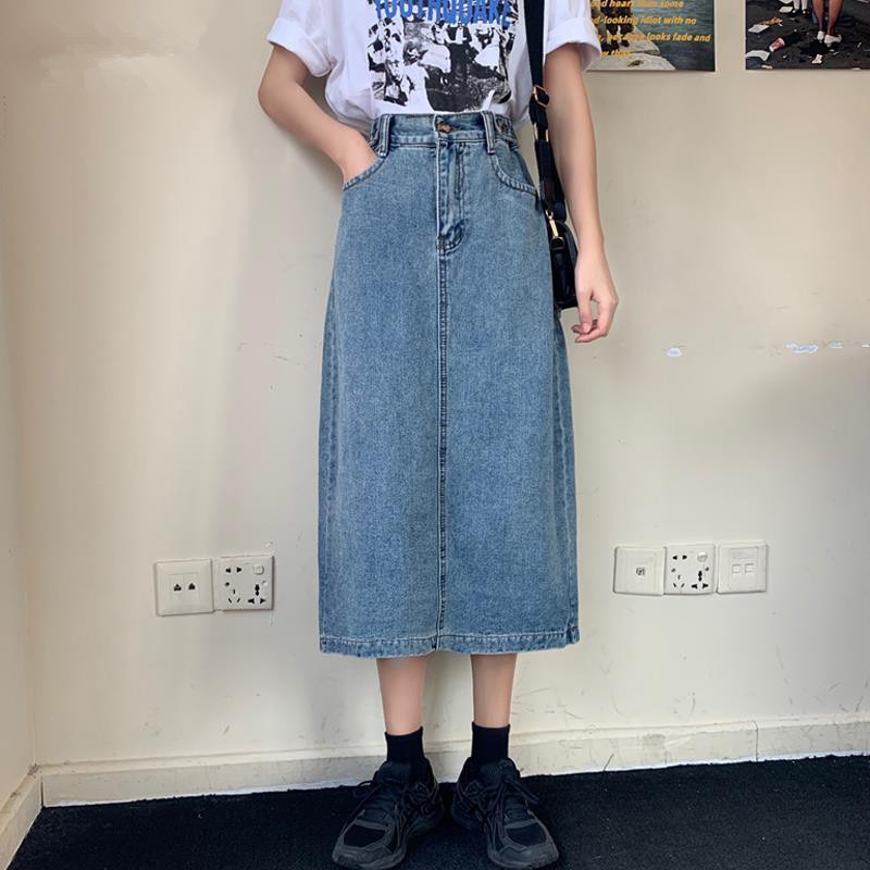 Retro lange midi denim nederdele kvinder højtaljede knaplommer split jeans lige nederdele plus størrelse koreanske sommerunderdele