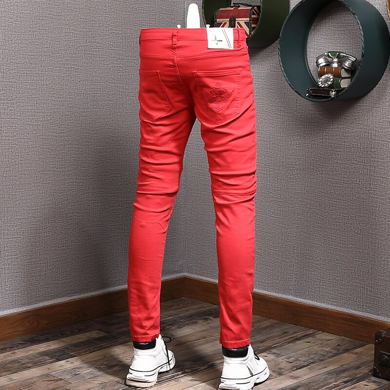 Zomer Mannen Rode Jeans Casual Dunne Straight Slim Fit Broek Koreaanse Stijl Katoenen Denim Broek