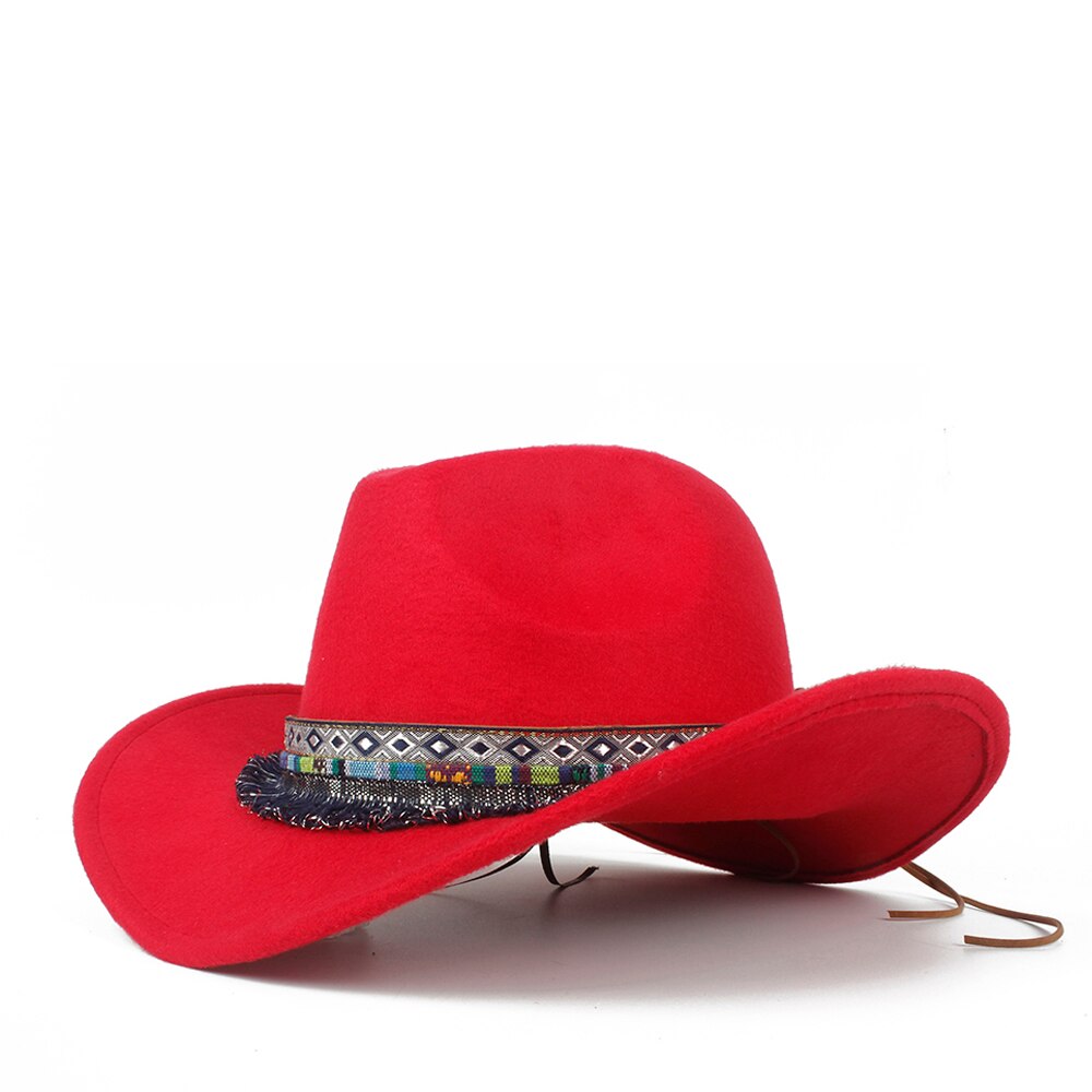 Kvinder uld hul western cowboyhat roll-up skygge dame outblack sombrero hombre jazz kasket størrelse 56-58: Rød
