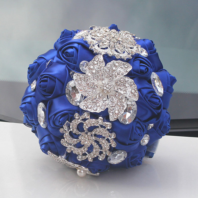 8 Styles 15cm Jewelry Beaded Wedding Flower Bridal Bridesmaid Bouquets Royal Blue Ribbon Bouquets Diamond Brooch Bouquet Small