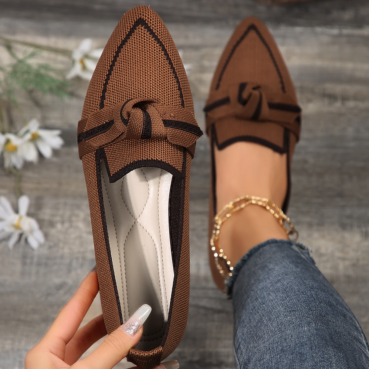 Mocasines ligeros y cómodos para mujer, bailarinas con pajarita, puntiagudas, suaves, descalzos, de punto, Multicolor, informal, bailarina: Castaño / 38
