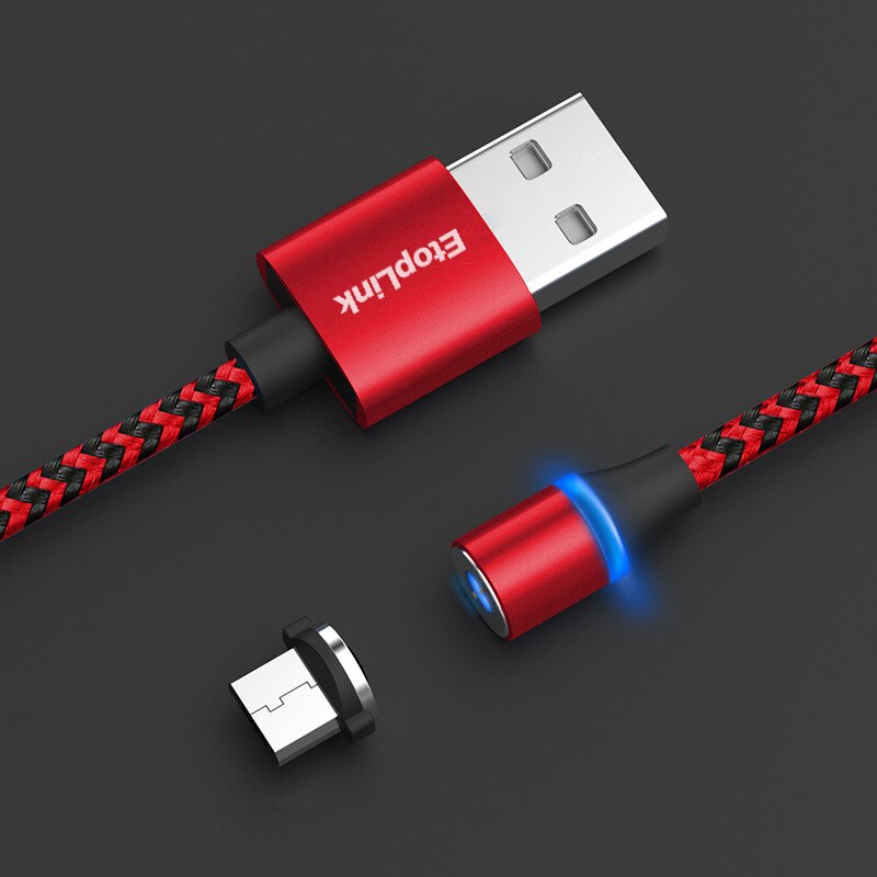 EtopLink Type C Micro USB Magnetic Charging USB Cable USB-C 360 degree Round Magnet Nylon Braided LED Charger Cables 1M Blue Red