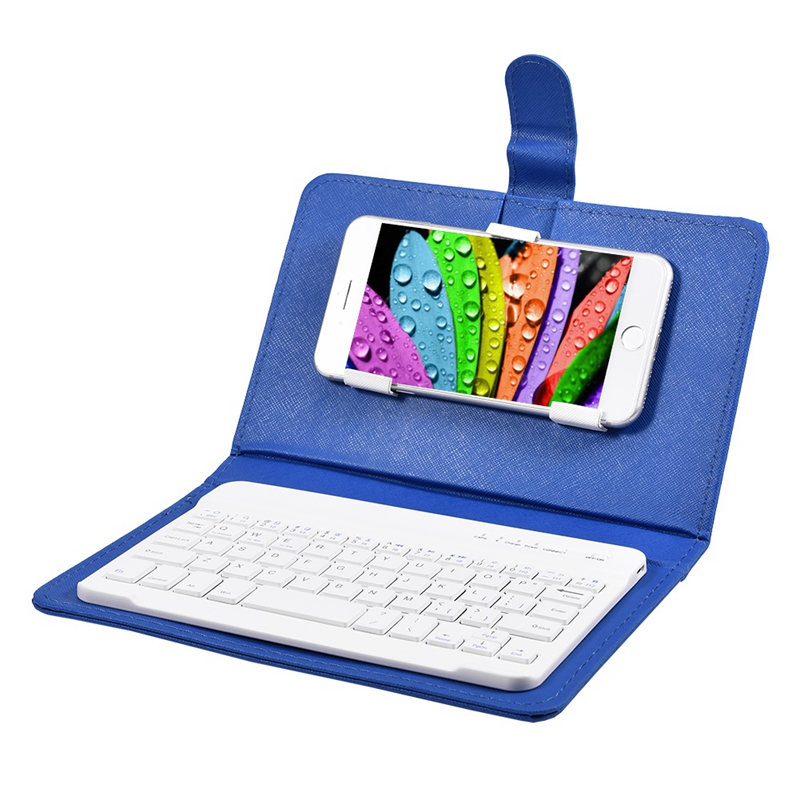 Wireless Bluetooth Keyboard Case Leather Stand Cover for IPhone Android Phones: Blue