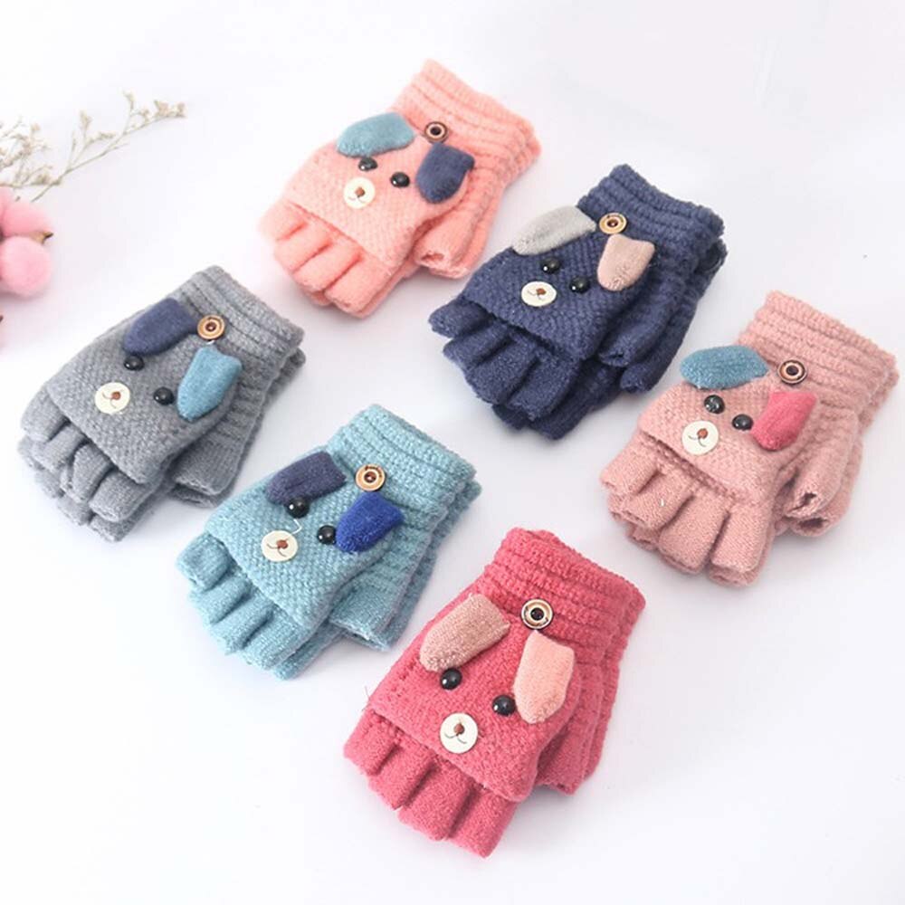 Baby Winter Gloves Children Girl Boy 6-12 Years Half Finger Flip Cover Gloves Boys Animal Warm Children Mittens Knitted Gloves