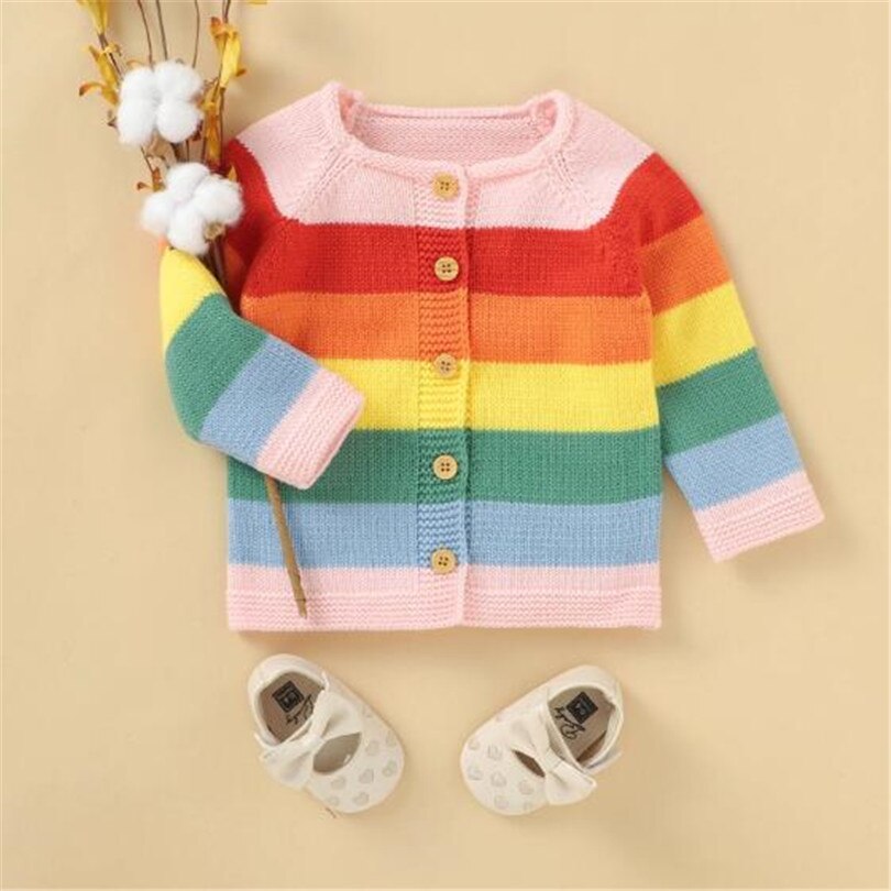 Roupa Do Bebê Recém-nascido Do bebê Cardigan Camisola de Malha Outono Rainbow Casaco Cardiagn Camisola Da Menina Da Criança Do Bebê Meninas Casaco Cardigan