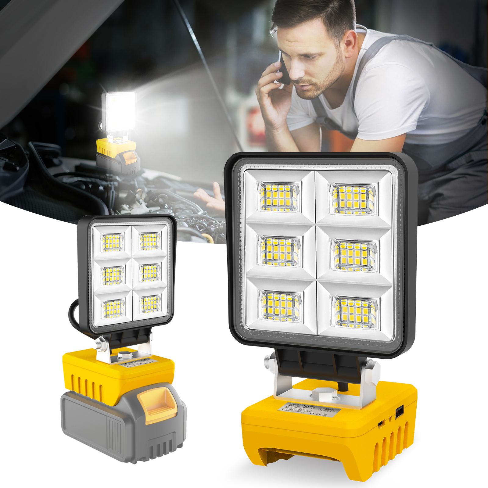 Portátil 48w 5200lm led luz de trabalho sem fio luz de trabalho base ajustável recarregável led holofote para dewalt sem bateria