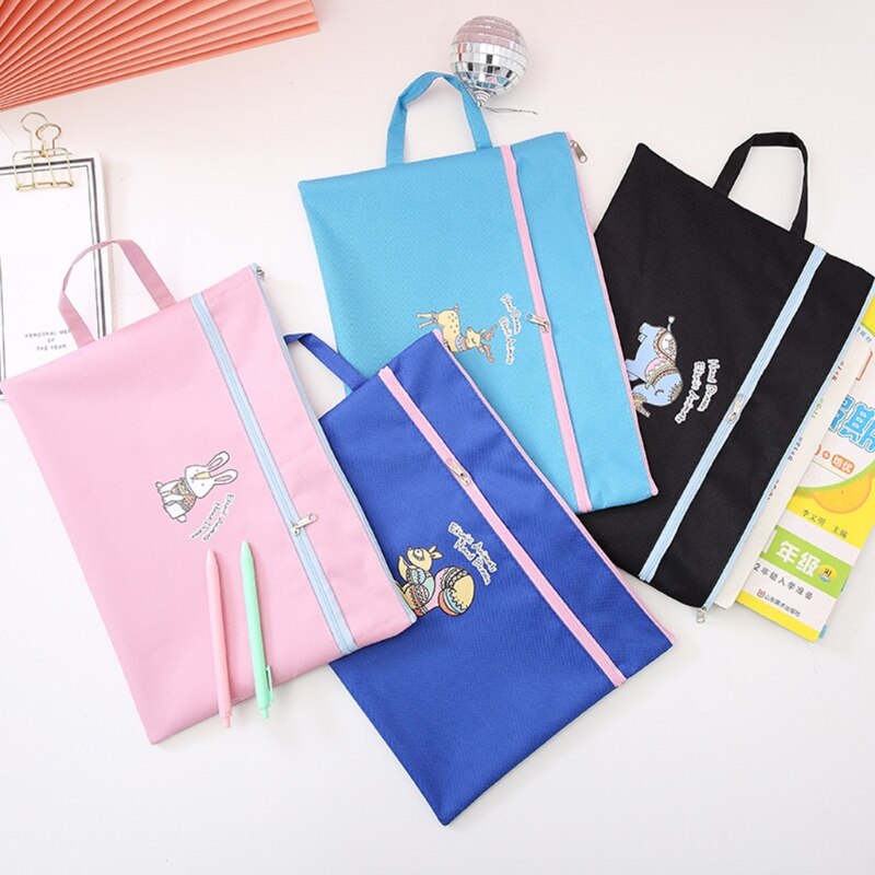 Portable A4 File Bag Handheld Zippered Document Organizer Bag 2-layer Zippered Pockets Business Travel File Storage Bag