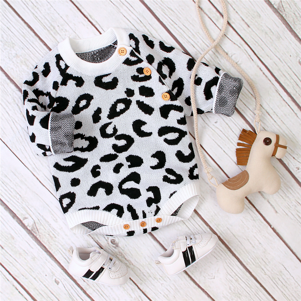 nueva bebé niño niña invierno leopardo mono conjunto suéter tejido ropa: Black / 6 meses