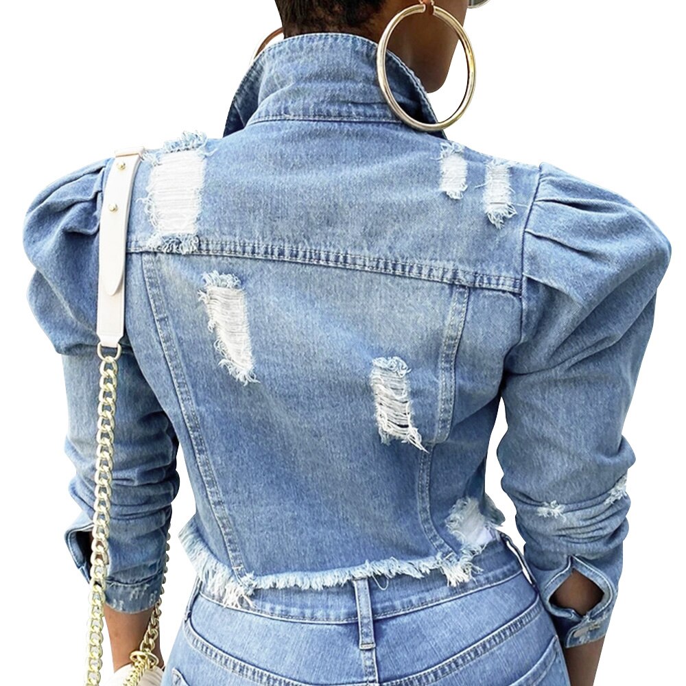 Ladies Denim Jackets Women Casual Stand Collar Hole Ripped Long Sleeve Denim Jacket Women Jeans Coat Outerwear