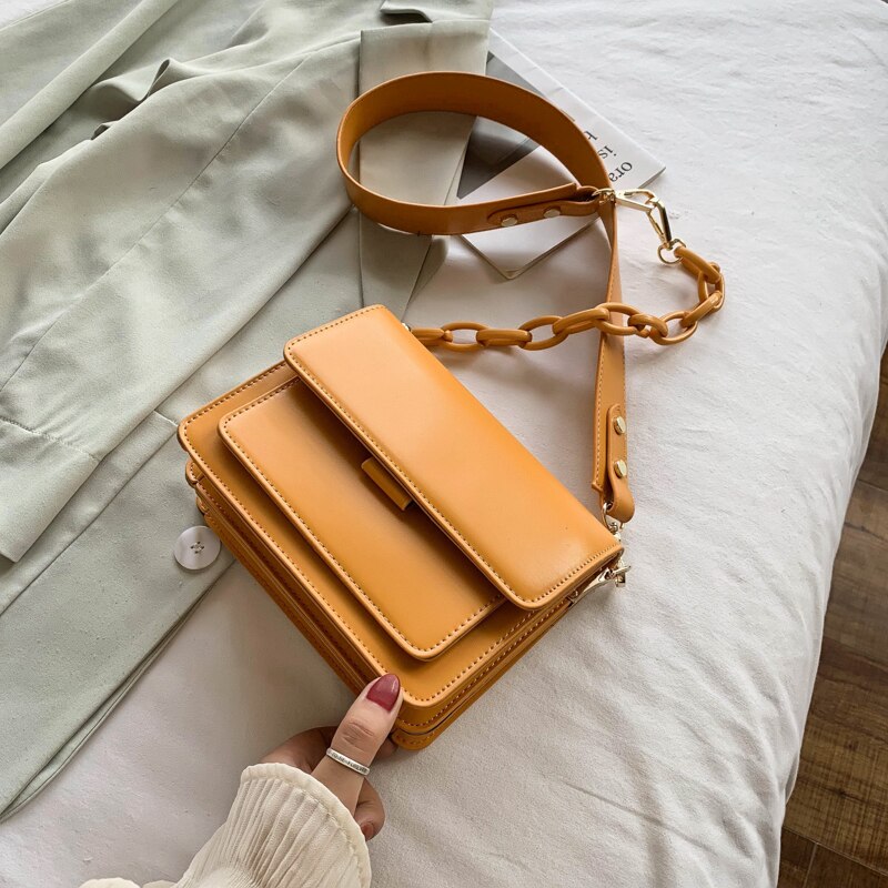 Chain Mini PU Leather Flap Bags For Women Summer Lady Shoulder Handbag Female Cross Body Bag: Yellow