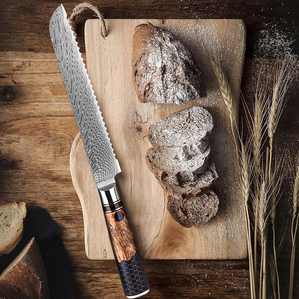 Brotmesser aus Damaststahl, 20,3 cm, professionelles Küchen-Toast-Schneidemesser, Wabenmuster, blauer Harzgriff, gezahntes Messer, Kuchenmesser