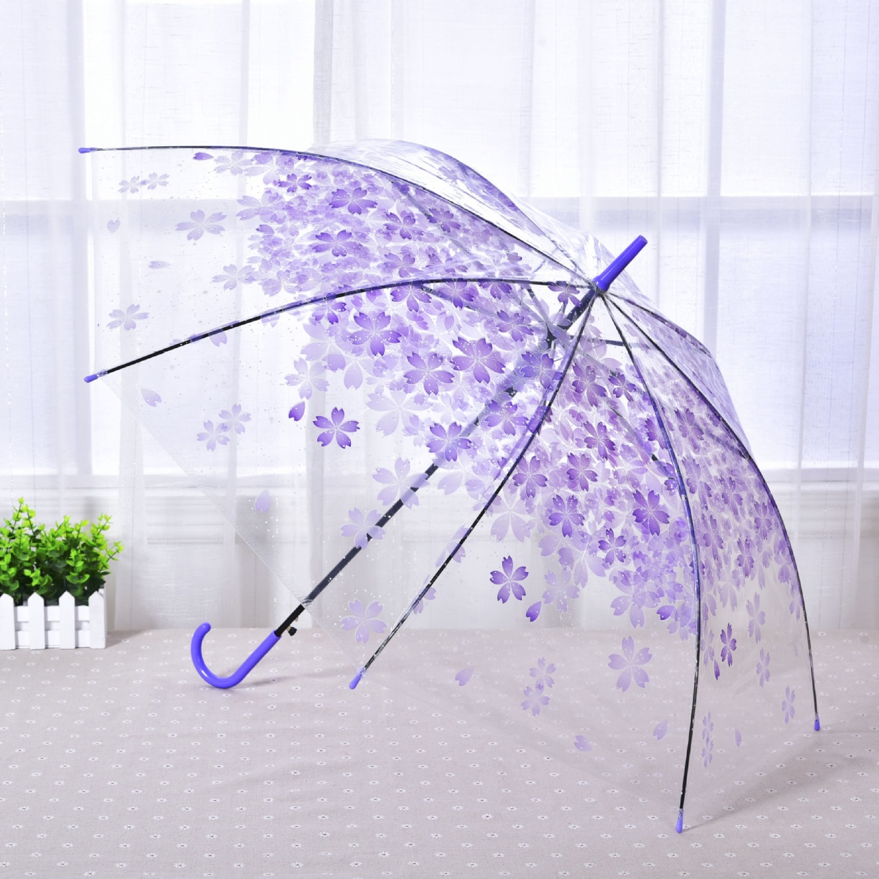 Sakura-paraguas transparente de PVC para lluvia, sombrilla de , boda, mango largo, palo recto