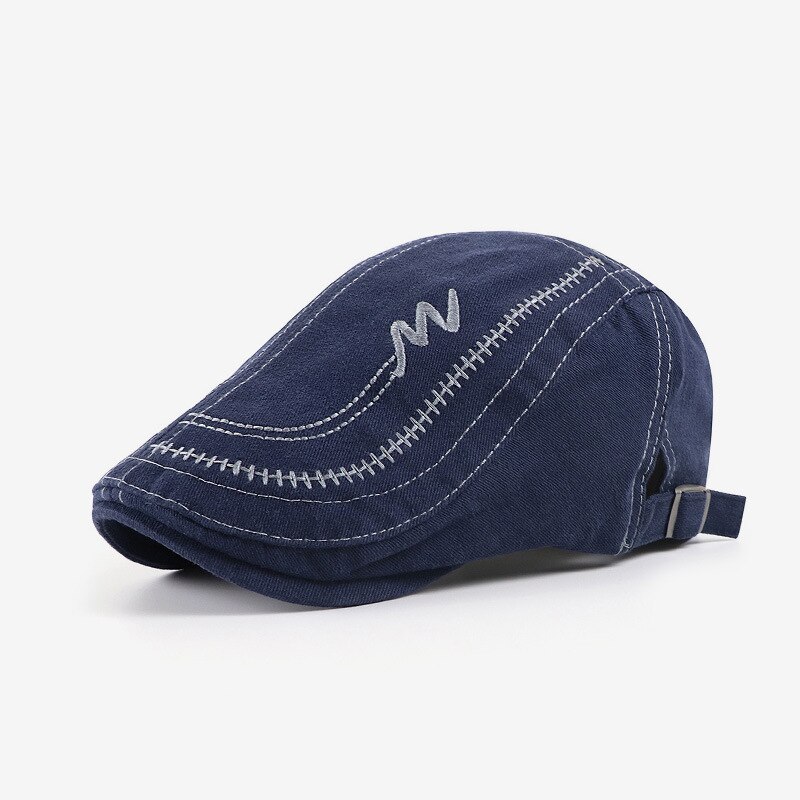 Casquettes gavroche classiques pour hommes, chapeau bec de canard en coton lavé, broderie en coton, casquette plate réglable, béret de boulanger vintage: Bleu