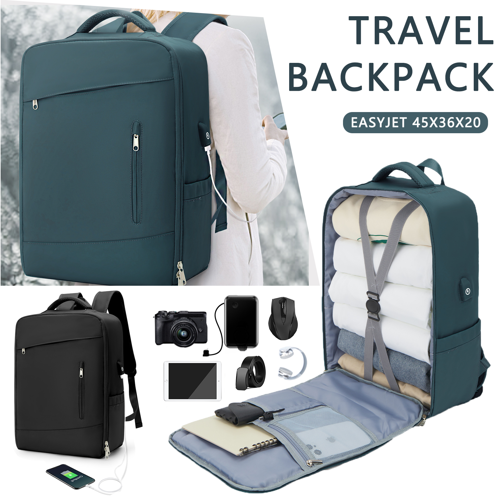 Travel Bakcpack 45x33x16 Cabin Bag Carry-Ons for Men Women Laptop Backpack Reinforced Daypack USB Short Distance Luggage
