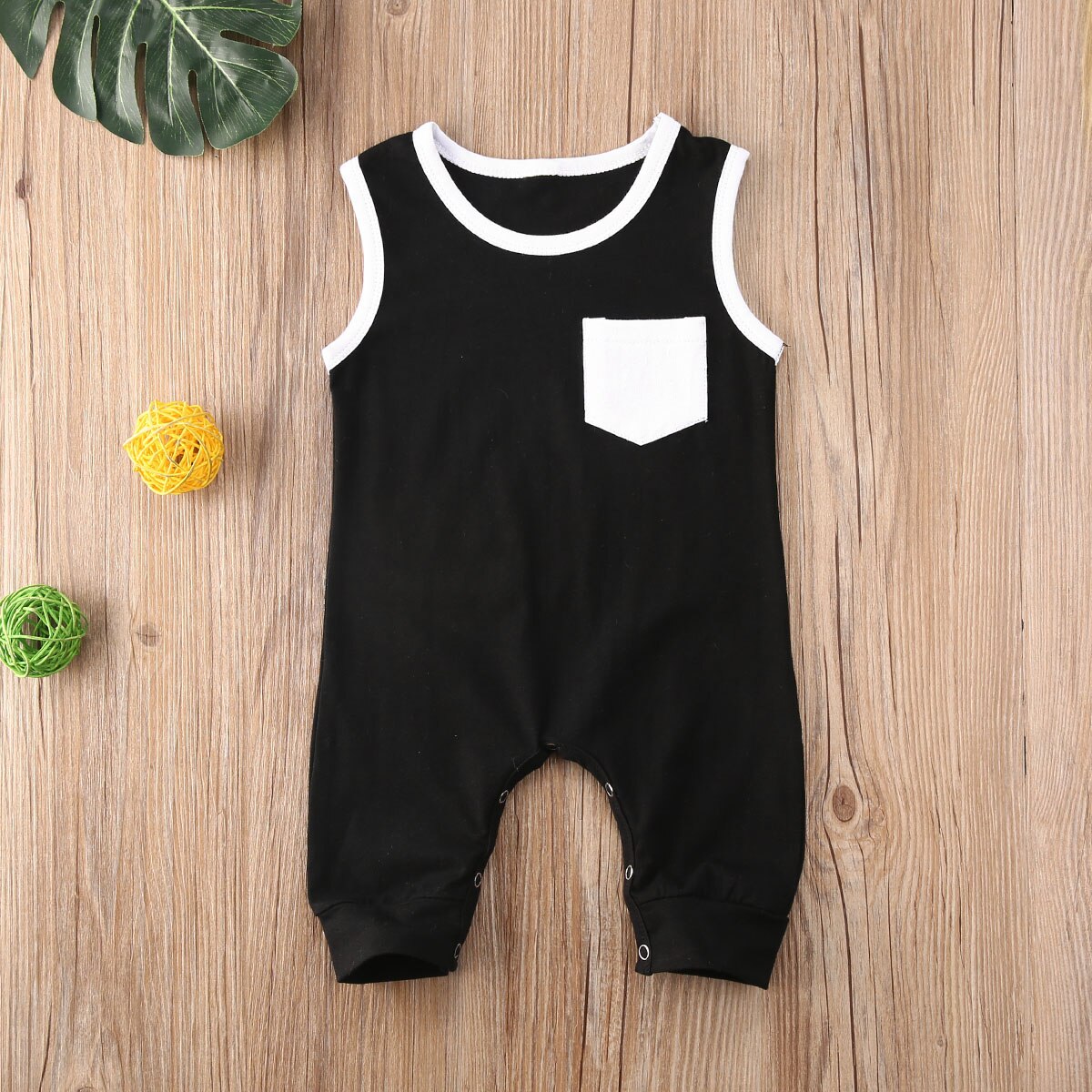 Macacão infantil sem mangas para bebês, roupas de verão para meninos recém-nascidos, macacão de bolso, roupas de peça única: Black / 6 m