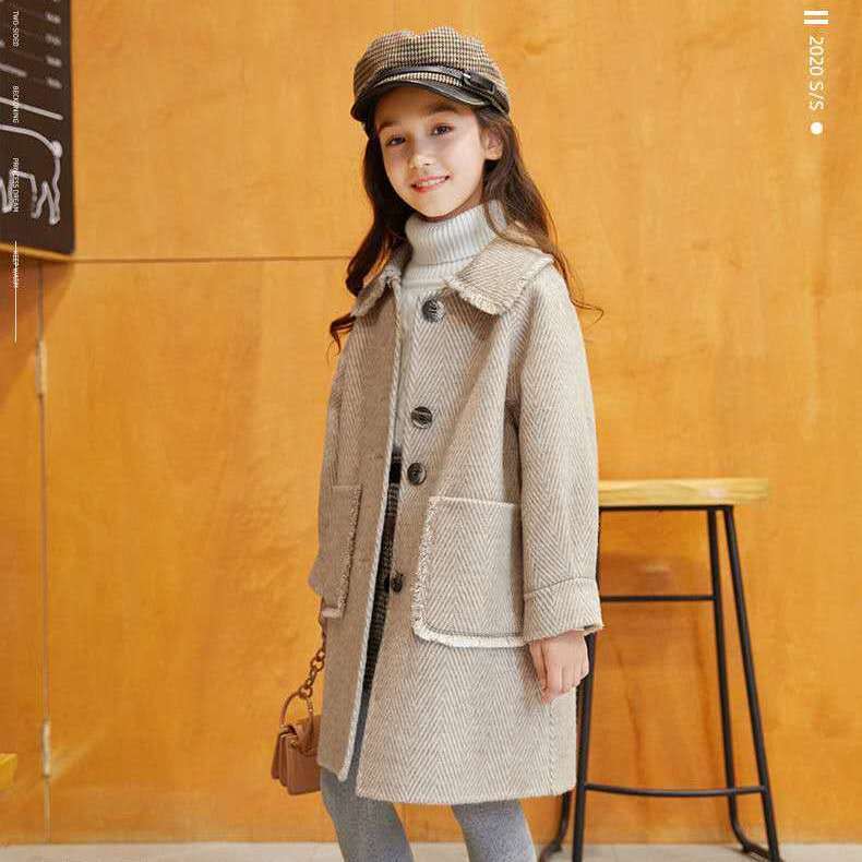 Children Girl Wool Coat Blends Jacket For Autumn Single-Breasted Turn Collar Big Pockets Solid Girls Coats: khaki / 4T