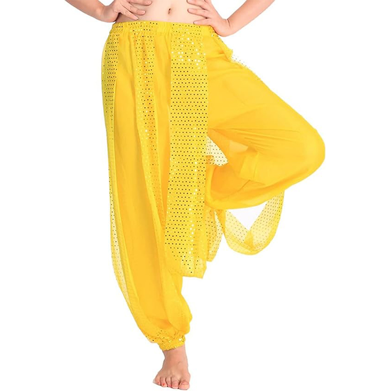 Pantalones Harem de gasa para danza del vientre, farol árabe de Halloween, pantalones de lentejuelas brillantes, pantalones elegantes, pantalones bombachos para mujeres bailarinas: Oro