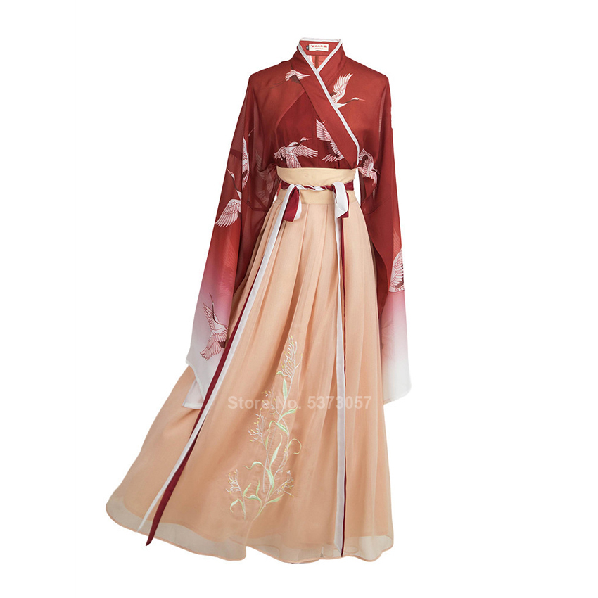 Vestido de danza folclórica del Festival de ropa tradicional china Hanfu para las mujeres niñas Retro de la vendimia de la grúa de hadas bordado de gasa conjunto rojo