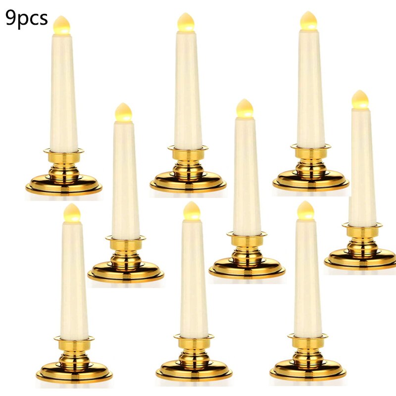 LED fenêtre bougie lumières à piles sans flamme bougies coniques avec Bases veilleuse pour fête mariage saint valentin maison déco: 9pcs Gold Base