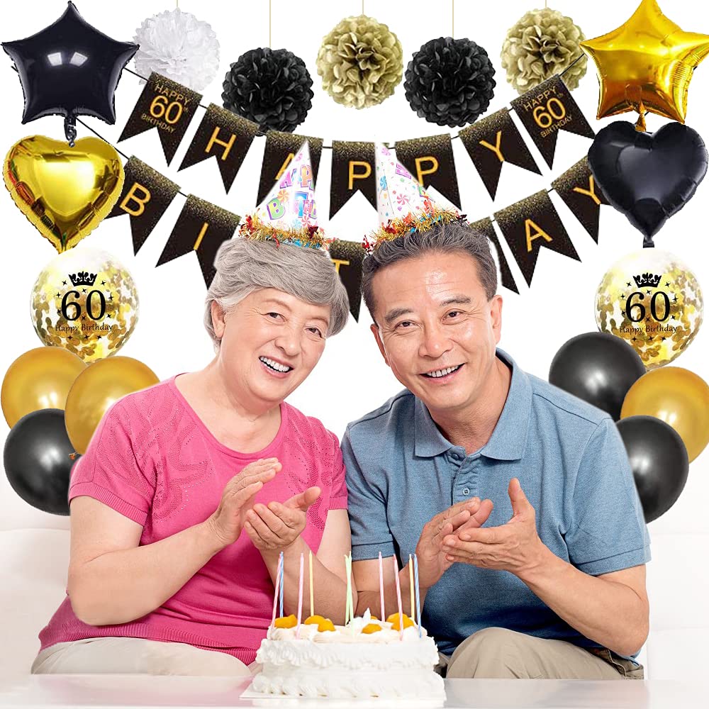 Decoraciones de 60 cumpleaños para hombres y mujeres, globos de 60 cumpleaños de oro negro, pompones de papel, confeti, globo impreso de feliz cumpleaños
