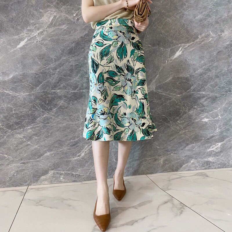 Koreaanse Mode Zijden Rokken Womens Bloemen Satijn Office Lady Midi Rok Plus Size Xxxl Mermaid Rok Faldas Mujer Moda Rokken