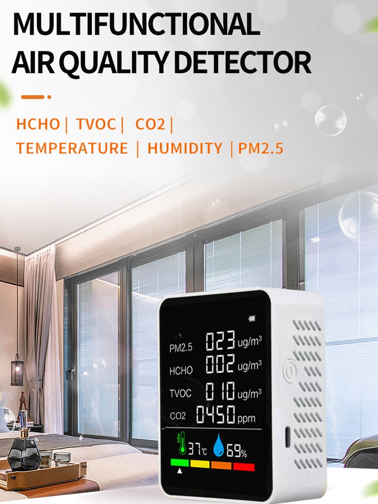 Multifunctionele 6 In 1 CO2 Meter Digitale Temperatuur Vochtigheid Tester Kooldioxide Tvoc Hcho PM2.5 Detector Luchtkwaliteit Monitor