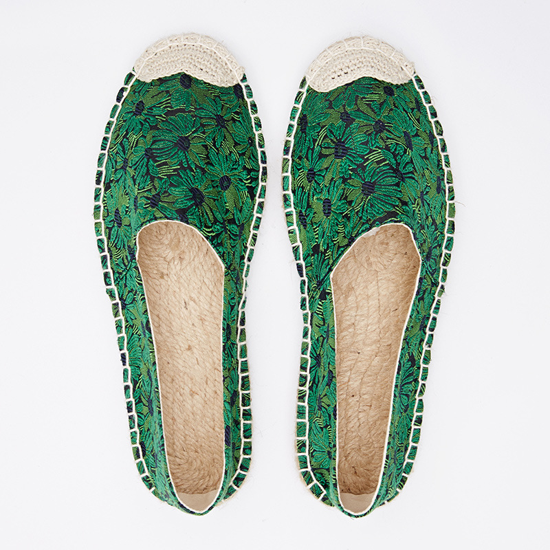 Timetang-alpargatas informales étnicas para mujer, flores verdes planas, estampado de primavera, sin cordones, para pescadores, zapato con cuerda de cáñamo