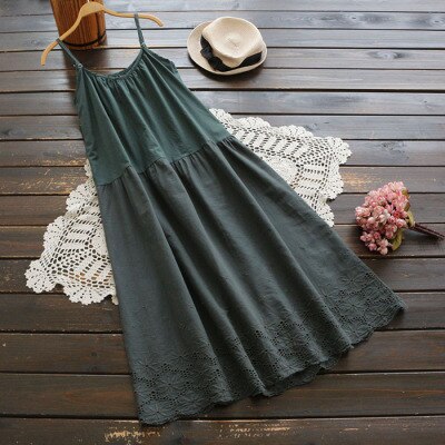 Large size summer women's sweet solid color flower embroidery round neck suspender underskirt mid length cotton fairy slip dress: Green