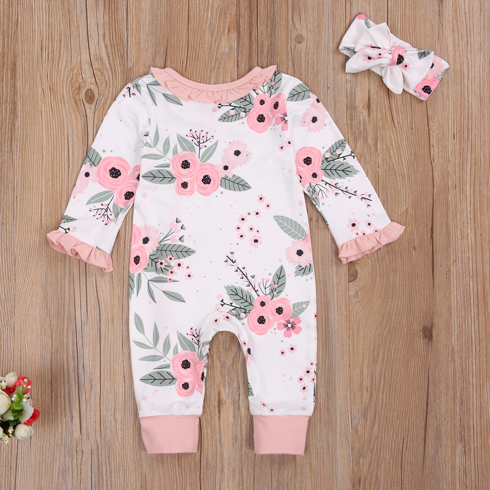 FOCUSNORM 0-18M Autumn Baby Girls Boys Rompers Headband 2pcs Flowers Print Ruffles Long Sleeve Single Breasted Jumpsuits