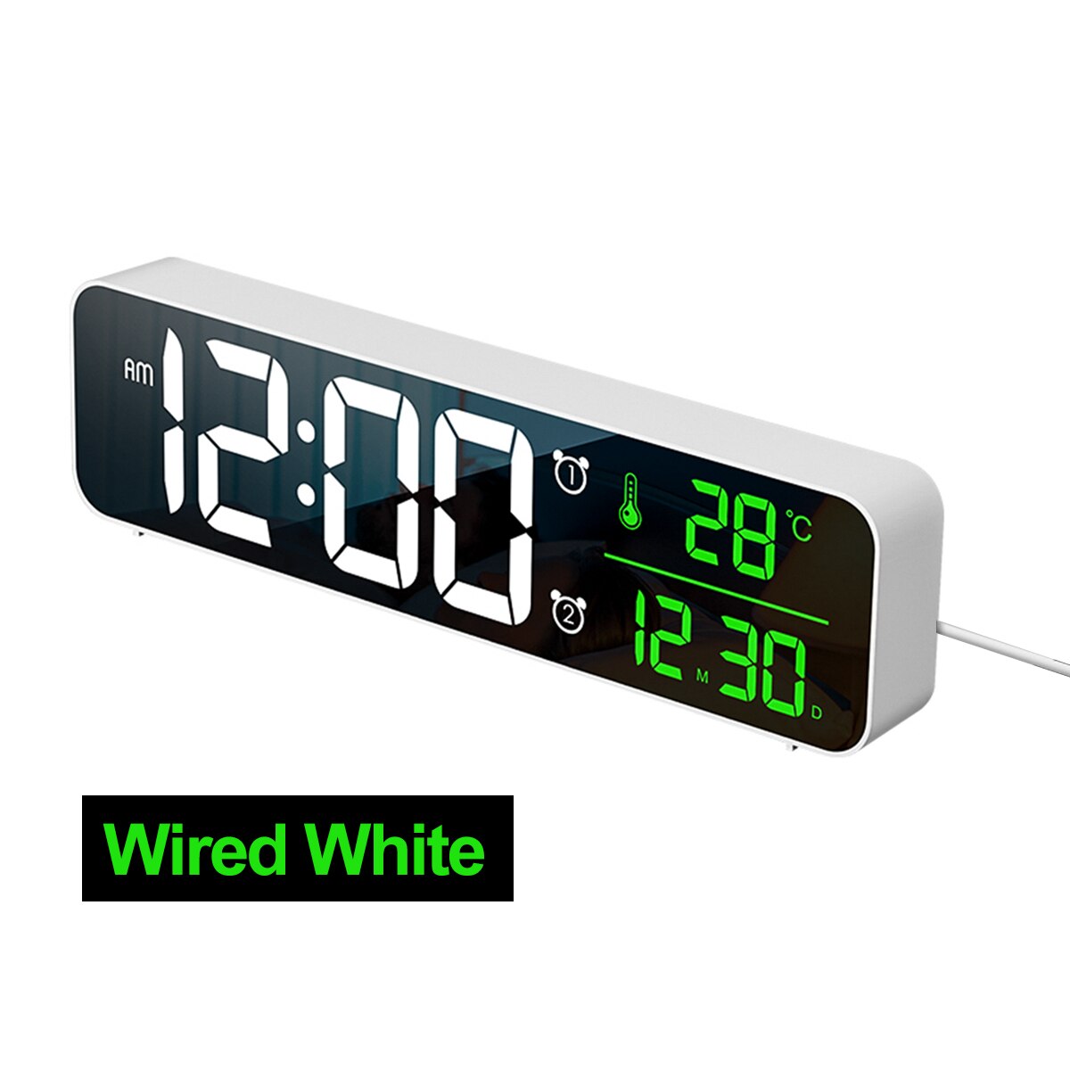 Wireless LED Digital Dual Mode Alarm Clock Digital Snooze Electronic Mirror Clocks 5 Brightness Adjustable Home Table Wall: Wired White