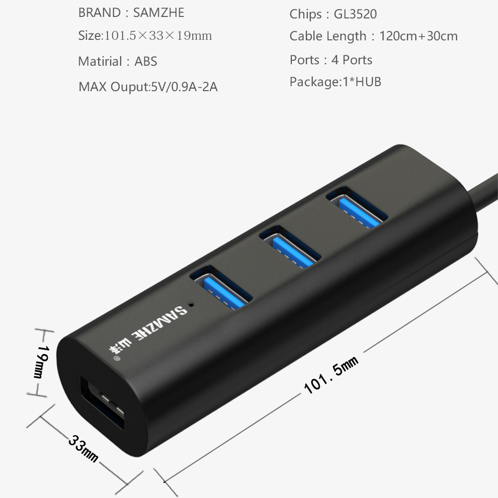 SAMZHE Super Speed USB 3.0 HUB 4-Poort Draagbare Hub Desktop USB Extension voor iMac, MacBook, macBook Air, Mac Mini of PC