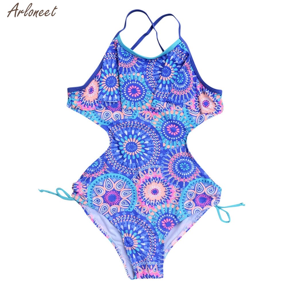 Summer Swimwear Teen Children Girls Print Africa Style One-piece Swimsuit Beach Bikini Beachwear Clothes Swimwear: Blue / 16