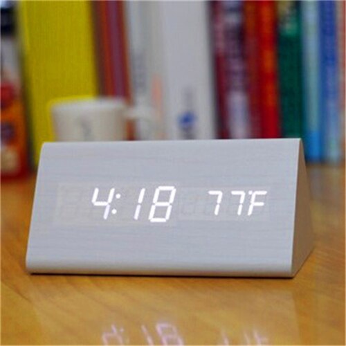 triangular wooden clock,sound control,thermometer,4 color LED display,digital desktop bedroom alarm clock on desk: white clock white