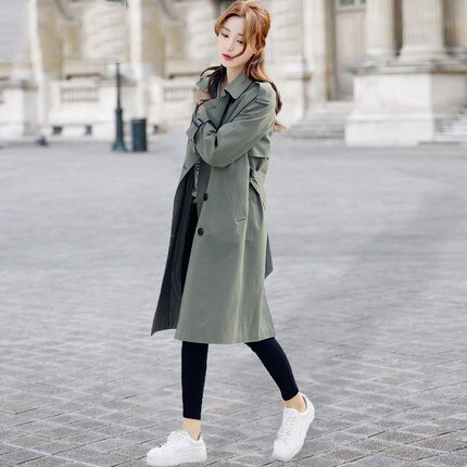 Spring Autumn Casual Women's khaki Trench Coat Women Long Loose Windbreaker With Belt Abrigos Mujer LX209: Amy Green / L