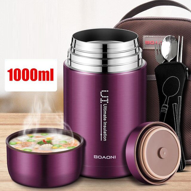 BOAONI 800ml/1000ml Food Thermal Jar Vacuum Insulated Soup Thermos Containers 316 Stainless Steel Lunch Box with Folding Spoon: purple 1000ml