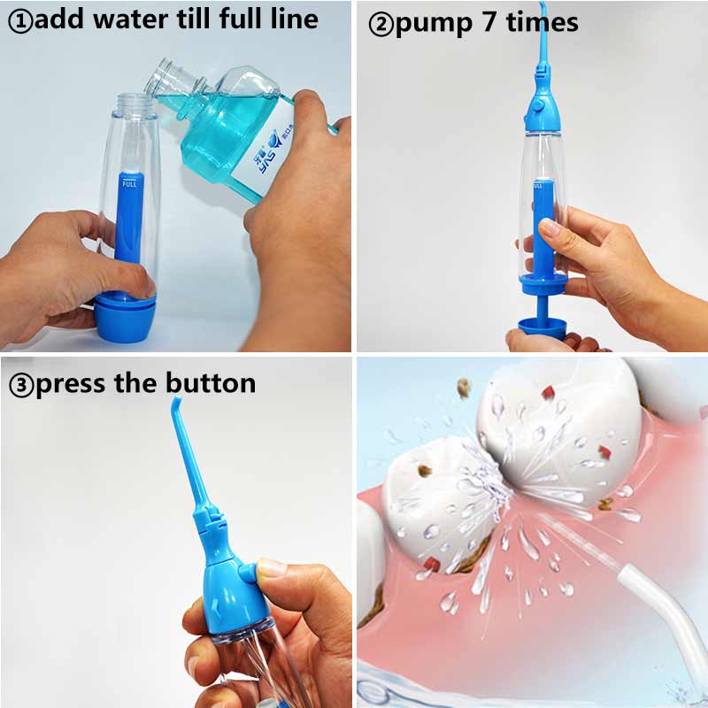 Novo portátil irrigador oral limpar a boca lavar o seu dente água manual de irrigação água dental flosser sem eletricidade abs