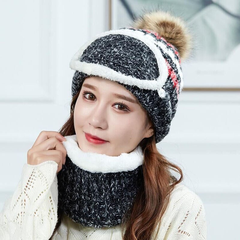 Gebreide wintermasker muts sjaal set dames dikke pompom mutsen ringsjaal warme wollen winteraccessoires voor dames winterset: Zwart